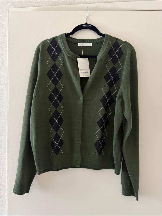 OAK + FORT Sweaters - OAK + FORT Olive Green Argyle Knit Cardigan with Black Diamonds